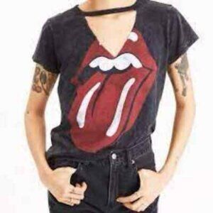 The Rolling Stones Sz XS Mouth Logo Cut Out Acid Black Rock Band Tee Shirt